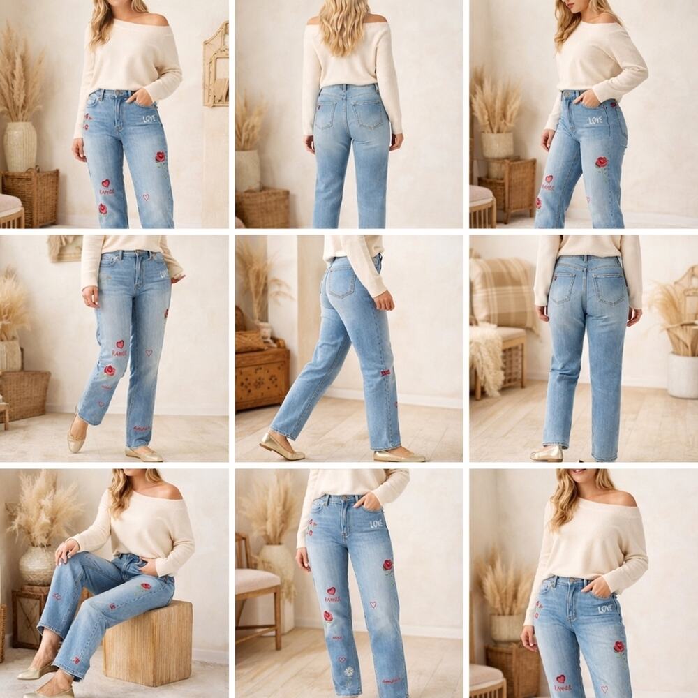 Driftwood Jordie Straight Leg Love Notes Embroidered Jeans Boho Size 16 J1816 - Picture 10 of 11